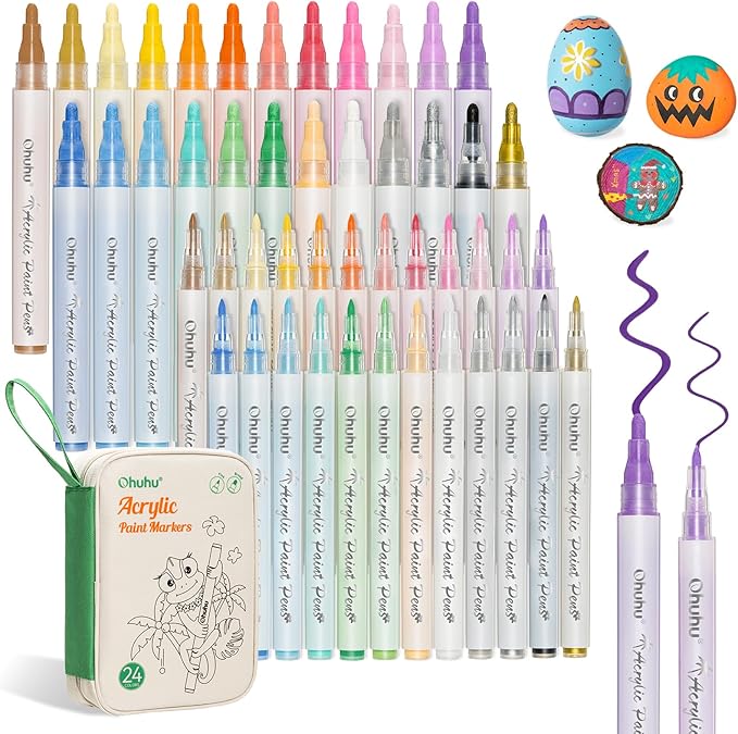 Ohuhu Acrylic Paint Markers, 48 Paint Pens Set of 24 Fine & 24 Round Tip in Same Assorted Colors - Reversible Chisel & Round - Good Coverage Acrylic Markers for Rock Painting Easter Egg Wood Plastic