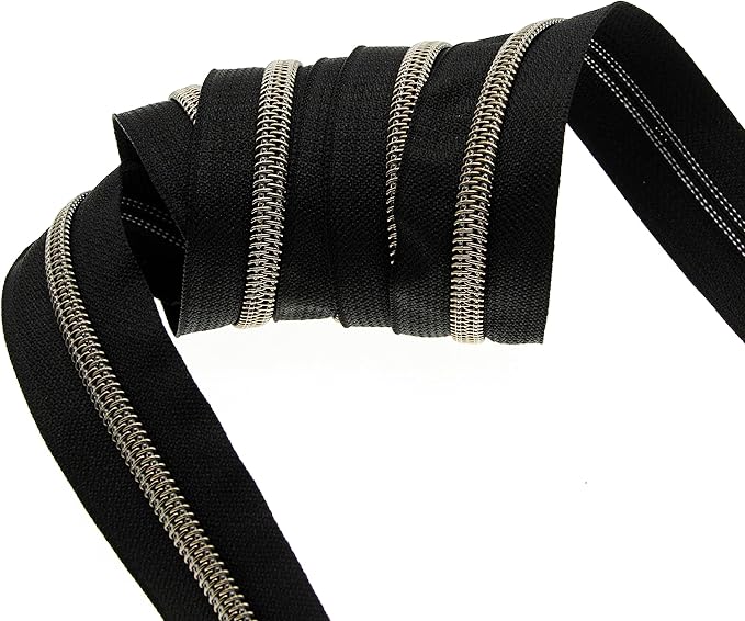 Leekayer 5# Black Nylon Zipper Tape Brass Teeth 10 Yards Continuous Zipper with 25 pcs Ring Pull Silders Bulk(Antique Brass)