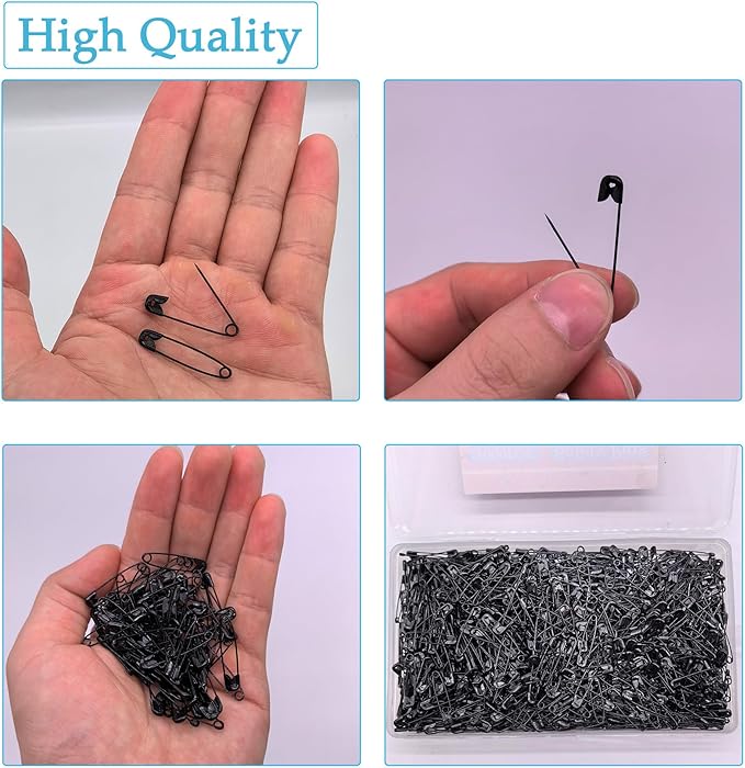 1000PCS Safety Pins, 1.1 inch Small Safety Pins, Rust-Resistant Nickel Plated Steel, Sharp Edge Safety Pin for Clothes, Sewing, 28mm Decorative Safety Pins Assorted (Black)