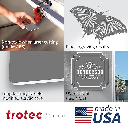 Trotec TroLase | 12"x24"x1/16", 4 Pcs | Smoke Grey/White | 2 Ply | Modified Acrylic | Laser Engraving Double Color Plastic Sheet | Engraving Blanks for Laser, Saw, Guillotine | Made in USA