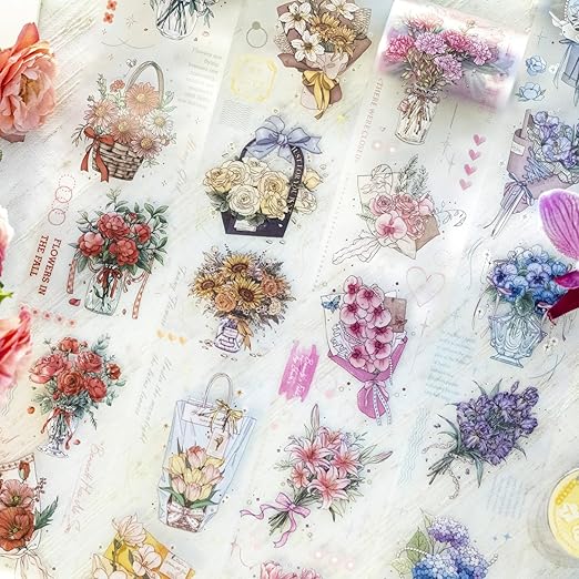 Floral Dream PET Tape Set, 4 Rolls of Flower Ephemera for Junk Journaling, Scrapbooking, Crafting, DIY Projects, Diaries, and Art Supplies