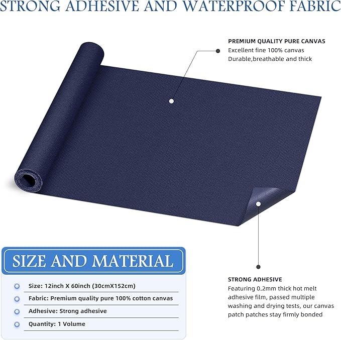 KING MOUNTAIN Canvas Iron on Patch,12"×60",Waterproof 100% Cotton Fabric Repair Patch,Used for Various Sofa,Tent,Clothes,Seats,Suitcases (Dark Blue,Waterproof)