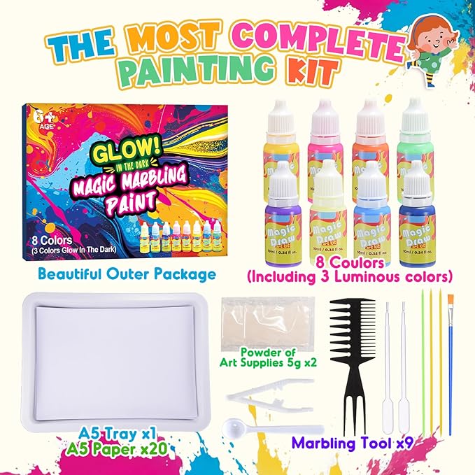 Glow Water Marbling Paint for Kids, Arts and Crafts Crafts for Kid Age 6-12 Birthday Gifts Ideas (Marbling Paint Blue)