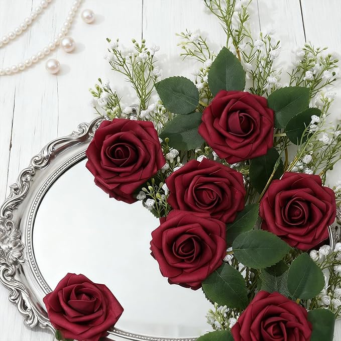Artificial Flowers Foam Fake Roses 25pcs Red Roses with Stems for Home Decor DIY Wedding Bouquets Party Bridal Shower Centerpieces Faux Flower Arrangements Tables Decorations