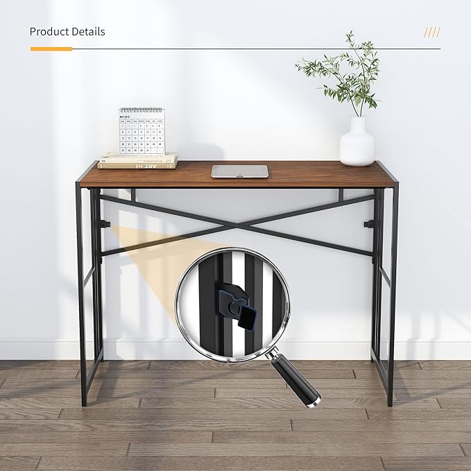 35 inch Folding Small Desk, Writing Gaming Computer Camping Desk for Small Spaces, No Assembly Required Home Office Table, Mahogany