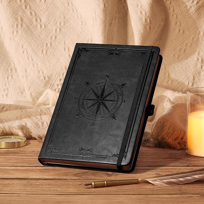 AHGXG Thick Journal Blank Notebook for Men - 320 Numbered Pages A5 Notebook for Writing, 100gsm Plain Paper, Vintage Leather Hardcover, for Women Work Office School, 5.75'' X 8.38''- Black