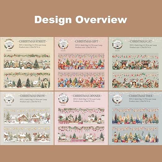 Christmas PET Tape Set - Seamless Loop Design with Snowy Villages, Festive Cats and Holiday Scenes, Includes Decorative Clip, Self-Adhesive Rolls for Scrapbook, Journal and DIY Decor