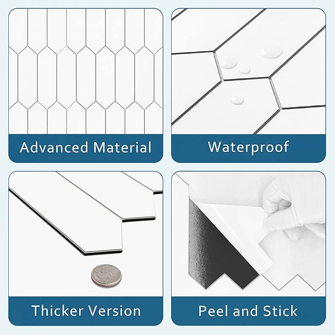 SUNWINGS Backsplash for Kitchen Peel and Stick, Stone Composite Self Adhesive Tiles Long Hexagon Mosaic Wall Tile, 12 Inch x 11.22 Inch 10 Sheets White