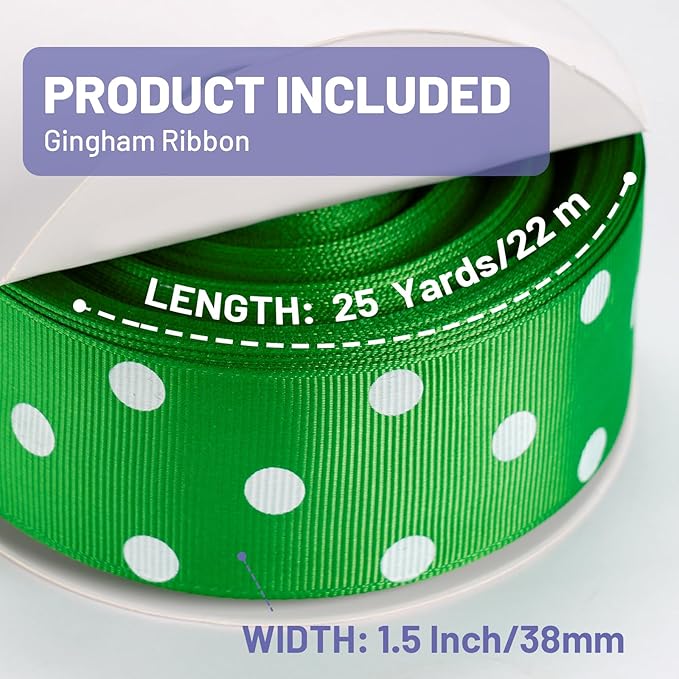 Polka Dot Grosgrain Ribbon 1.5 Inch, 25 Yards Spool Green and White Polka Dot Ribbon for Christmas Gift Wrapping DIY Crafts Hair Bows Wedding Party Decor Sewing and Home Decoration