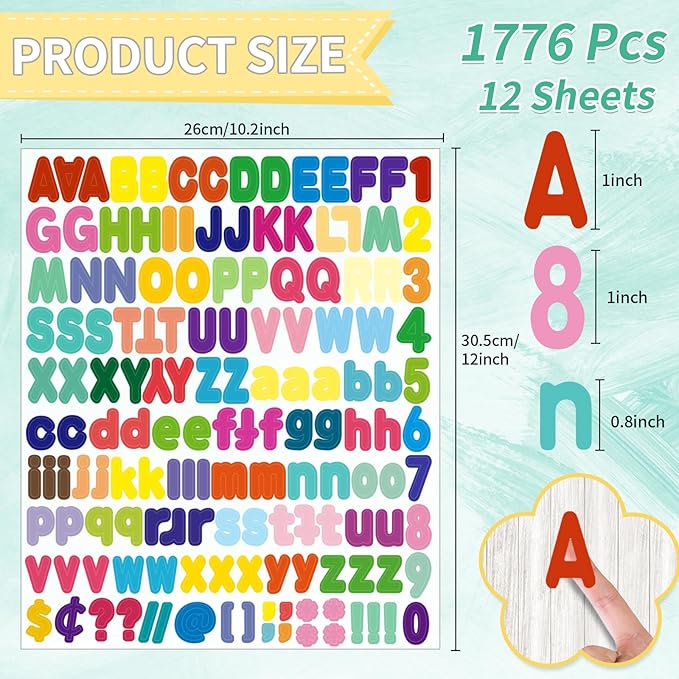 Alphabet Sticker,1''Inch 12 Sheets Multicolor Letter Stickers,Self Adhesive Vinyl Letter Stickers Mailbox Numbers,Self Adhesive Letters Stickers for Bulletin Boards Classroom Home Decor(Multicolor)