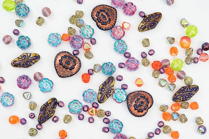 2.1oz (60 g) Mix of Unique Czech Bohemia Glass Pressed Beads, Crazy Purple Green Copper, Table Cut, Matte and Glossy, Faceted Fire Polish, Hand Made Set Kit BCV