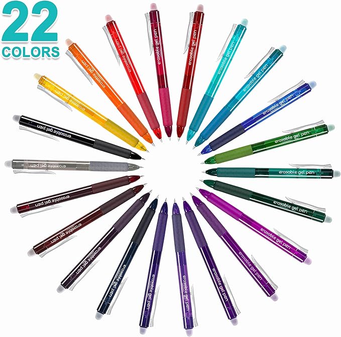 Erasable Gel Pens, 22 Colors Lineon Retractable Erasable Pens Clicker, Fine Point, Make Mistakes Disappear, Assorted Color Inks for Drawing Writing Planner and Crossword Puzzles