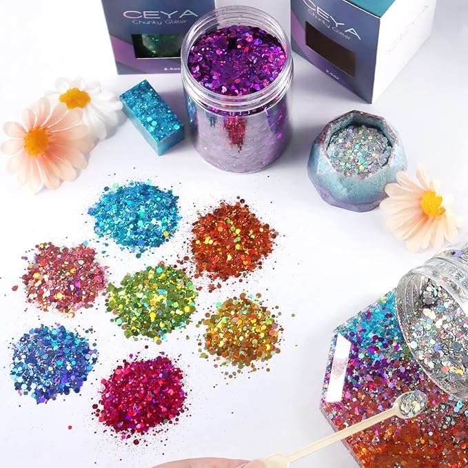 Ceya Holographic Chunky Glitter, 4.9oz/ 140g Fuchsia Craft Glitter Powder Mixed Chunky & Fine Flakes Iridescent Nail Sequins for Nail Art, Hair, Epoxy Resin, Tumblers, Slime, Painting, Festival Decor