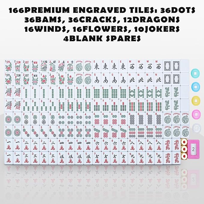 New American Mahjong Game Set, 166 Premium White Tiles with Portable Metal Dices, 4 All-in-One Racks with Pushers, Mah-Jong Games Sets, Ma Jong Tile Game (Red)