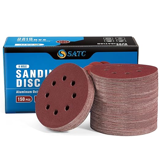 S SATC 150PCS 5 Inch 8 Holes Dustless Hook and Loop Sanding Discs, 240 Grit Sandpaper for Random Orbital Sander