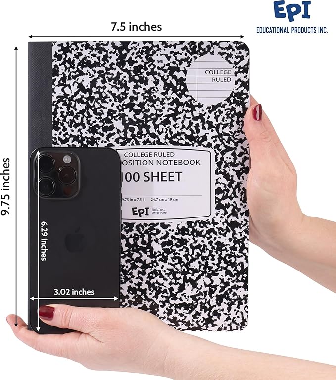 EPI Marble Hardcover College Ruled Composition Notebook | 200 Pages (100 Sheets), 9.75 x 7.5 in, Sturdy Sewn Binding | School, Office, Journaling, Notes - 12 Pack