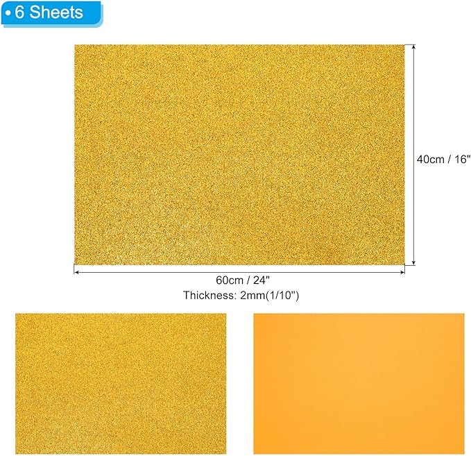 PATIKIL 2mm(1/10") Thick Non Adhesive Glitter Foam Sheet 16x24inch(40x60cm) Gold Tone, EVA Shiny Foam Board for Craft, 6 Pcs