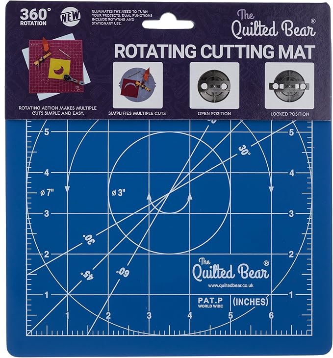 The Quilted Bear Rotating Cutting Mat 7" x 7" - Locking & Rotating Self Healing Cutting Board for Sewing, Fabric & Effortless Quilting - 360 Degree Sewing Supplies Mat for Craft Table (Blue)