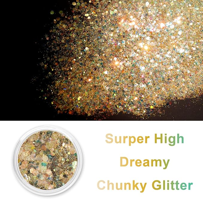 Renfio Opal Chunky Glitter, 1.75oz/50g Glod Glitter, Dreamy High Sparkle Glitter for Crafts Holographic Fine Glitter Mix Iridescent Glitters Flake for Resin Nails Hair DIY Snow Globe - Autumnal Lake