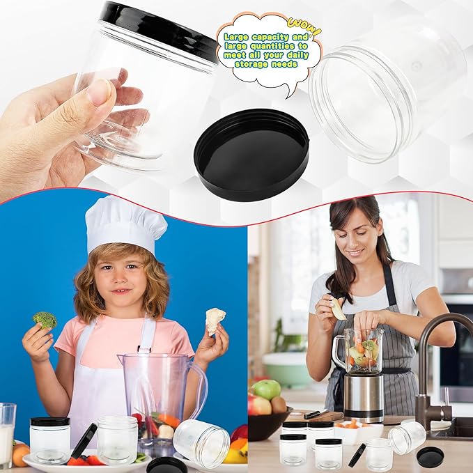 30 Pack 12oz Clear Plastic Jars with Black Lids Plastic Empty Storage Containers Refillable Round Clear Cosmetics Containers Clear Jars for Candy Kitchen Food Storage DIY Crafts Making