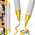 ARTISTRO 2 Gold Dual-Tip Acrylic Paint Pens - Multisurface Metallic Markers for Glass, Rock, Fabric, Wood, Plastic & More - 1 mm Fine & Brush Tips