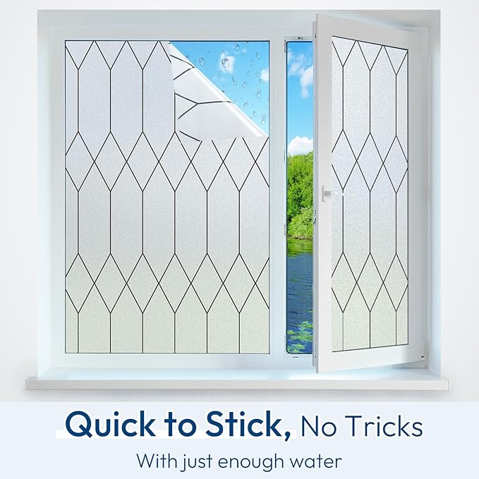 rabbitgoo Window Privacy Film for Glass Windows, Frosted Glass Cling with Decorative Moroccan Lattice, Removable Heat Control Sun Blocking Door Covering Sticker for Home Bathroom, 17.5 x 157.4 inches