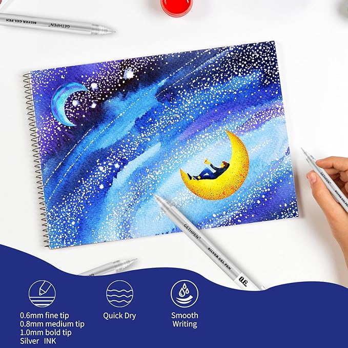 Silver Gel Pens 3-Pack - 0.6/0.8/1.0mm Fine Point Opaque Silver Archival Ink Pen for Black Paper Drawing, Sketching, Illustration, Bullet Journaling