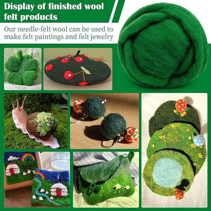 Mayboos Wool Roving Yarn, 1.76oz Colored Natural Wool Roving,Wool Felting Supplies Pure Wool Chunky Yarn for Wet Felting handcrafts and Spinning (Green Color)