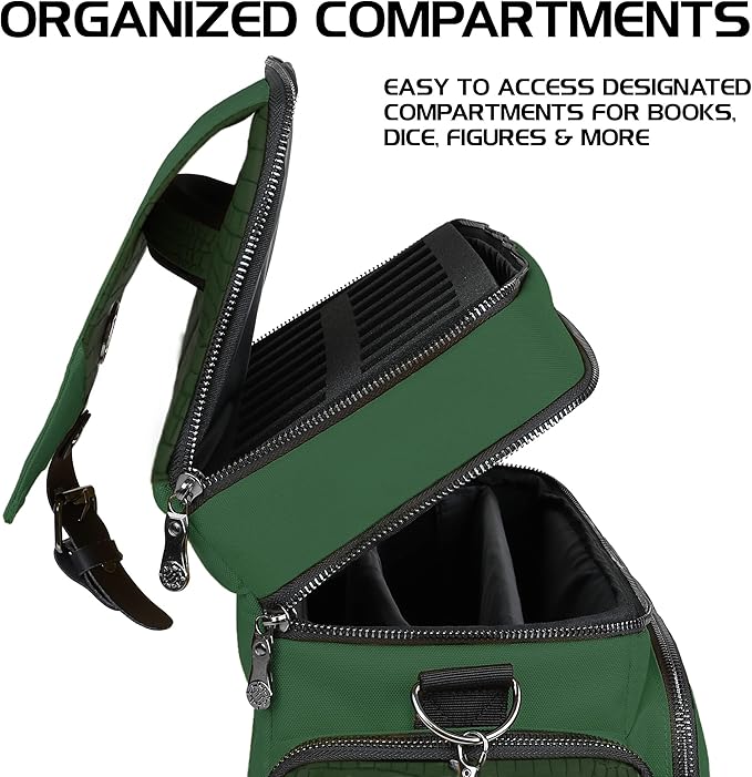 ENHANCE Collector's Edition RPG Adventurer's DnD Bag - Dragon Hide Exterior Travel RPG Bag with Tabletop Miniatures Storage Vault, Mat Holder, DnD Dice & Token Pockets, Fits 4-8 Books (Dragon Green)
