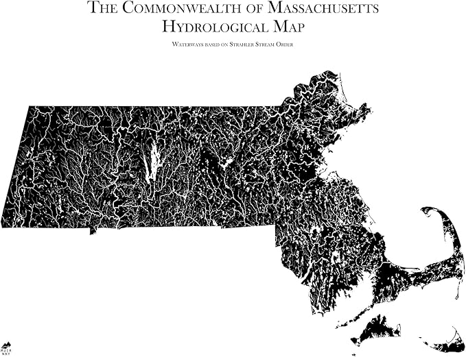 Muir Way Hydrological River Map of Massachusetts - Watershed Topographic Wall Art for Home, Office, or Travel Decor - Unframed Flat Paper Print, 18x24
