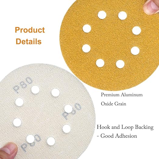 5-Inch 8-Hole Hook and Loop Sanding Discs 80-Grit Random Orbit Sandpaper, 100-Pack