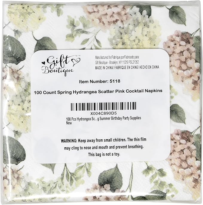 100 Pcs Hydrangea Scatter Floral Cocktail Beverage Napkins Hydrangeas Flowers Disposable Paper Dessert Napkin for Spring Summer Birthday Party Supplies