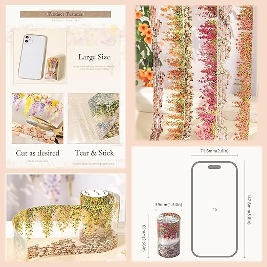 Flower Tape Stickers for Scrapbooking Supplies,6 Rolls PET Tape Stickers Set,Waterproof Washi Tape for Junk Journal,Journaling Supplies,DIY Craft(Floral Wa