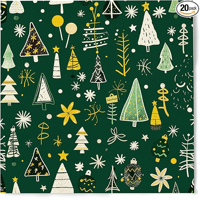 Premium Designer Paper Napkins, 3-Ply 6.5 x 6.5-inches Fold Disposable Decorative Winter Guest Christmas Holly Green Festive New Year Tree Party Lunch Dinner Napkin (20, Festive Green)