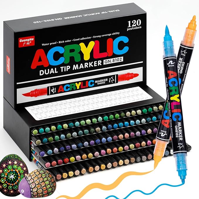 Guangna 120 Colors Acrylic Paint Markers, Dual Tip Paint Markers Pens Set with Soft Brush Tip, Multifunctional Fine Tip Markers for Wood,Canvas, Rock Painting,Glass,Diy Crafts Art Supplies, Waterproof