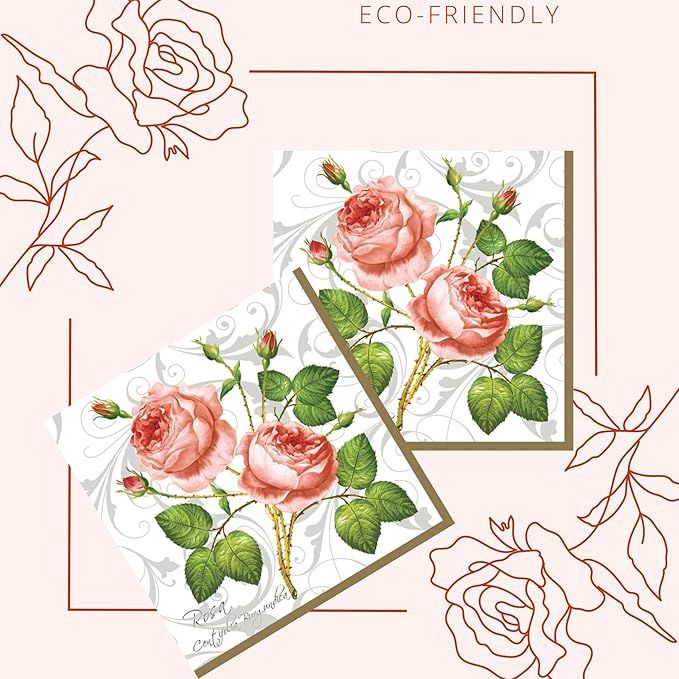 20-ct 13x13 Flowers Paper Luncheon Decoupage Napkins, 3-Ply Servilletas Printed Baby Roses Cocktail Napkin for Art, Dinner and Party, Disposable Napkins Decor