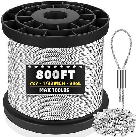 316 Stainless Steel Cable, 800FT 1/32IN Wire Rope with 200Pcs Aluminum Sleeves Stops, for String Lights Hanging, Clotheslines, Trellis Wire