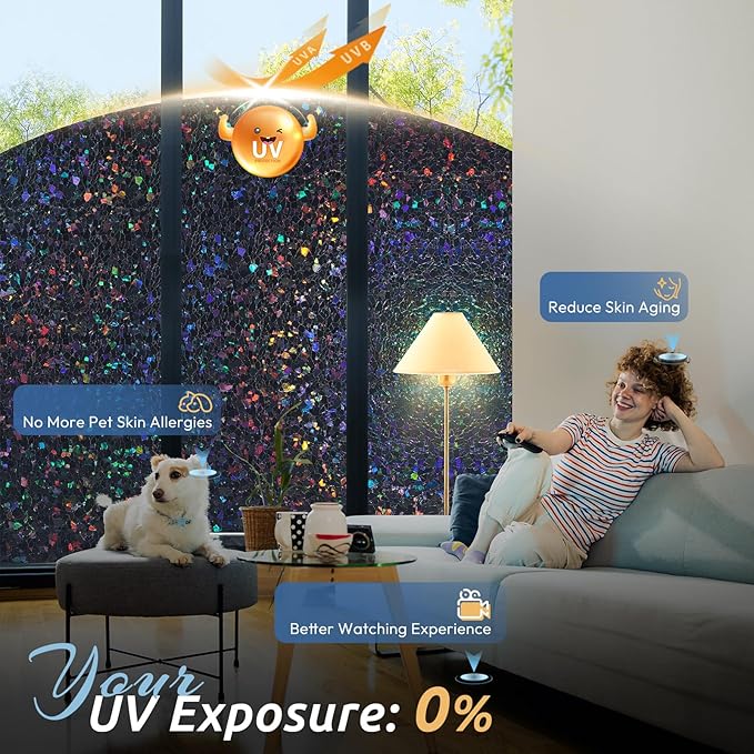 rabbitgoo Blackout Rainbow Window Privacy Film Decorative Stained Glass Diamond Pattern Window Sticker with Iridescent Tint Non-Adhesive Static Cling for Home Office Bathroom, 23.6 x 118.1 inch, Black