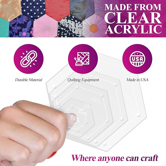 Hexagon Quilting Template Set - 4", 3", 2", 1" Sizes with 1/4" Seam Allowance - Durable Acrylic Templates for Quilting, Patchwork, Crafting, & Sewing Projects - Clear Templates for Accuracy