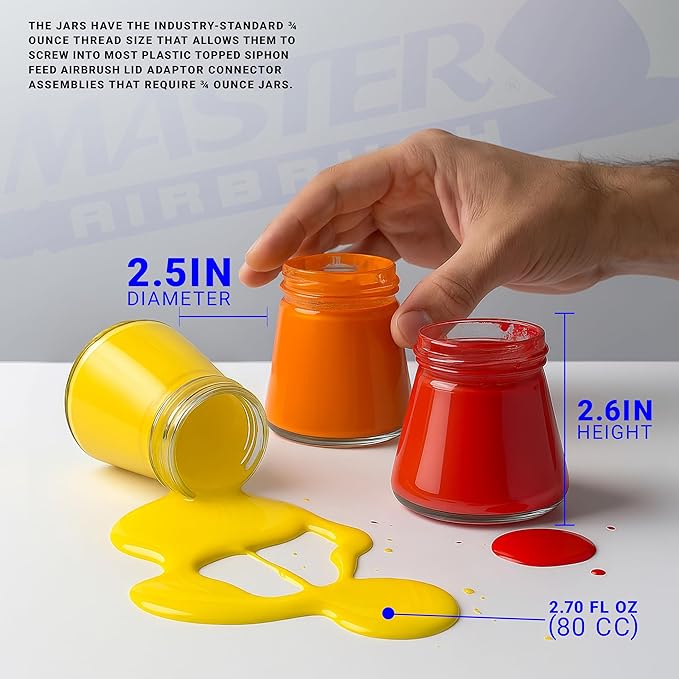 Master Airbrush (Pack of 10) TB-004 Empty 2.7-Ounce (80cc) Glass Jar Bottles with 60° Down Angle Adaptor Lid Assembly - Fits Single-Action Siphon Feed Airbrushes, Use with Master Badger Paasche, Iwata