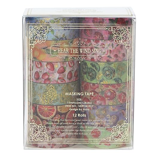 12 Rolls Charming Washi Tape Set Gold Silver Foil Detailing Arts Adhesive Tapes Basic Patterns Decorative Masking Tape Sets for Craft, Kids, Scrapbook, DIY, Gift Wrapping (Fruits Feast)