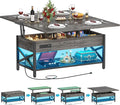 Aheaplus Coffee Table Lift Top Multi-Function Coffee Table Converts to Dining Table, with LED Light and Power Outlet, Center Table with Shelves for Living Room Reception Home Office, Black Oak