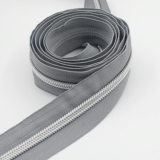 Leekayer #5 Metallic Silver Nylon Coil Zippers by The Yard Bulk 10 Yards Grey Tape with 25pcs Silver Sliders for DIY Sewing Tailor Craft Bag(Grey)