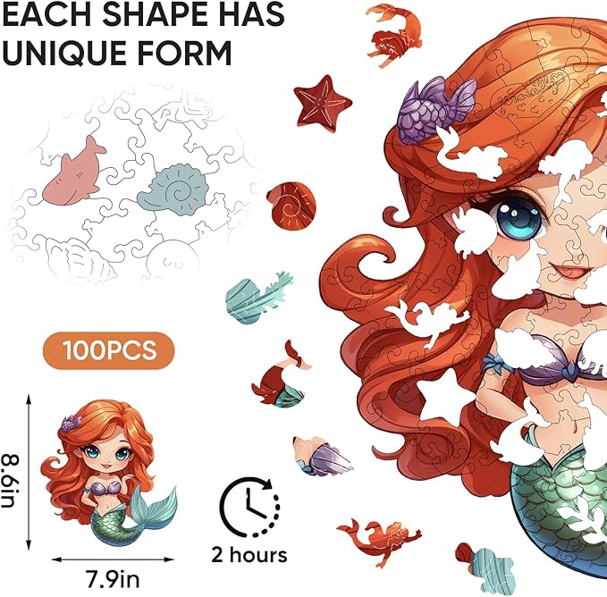 Wooden Puzzles for Adult and Kids, 100 Pieces Ocean Puzzle, Unique Shaped Mermaid Wooden Preschool Puzzle, Toddler Wooden Puzzle Toy Gift for Family and Friends, Suitable for Family Games