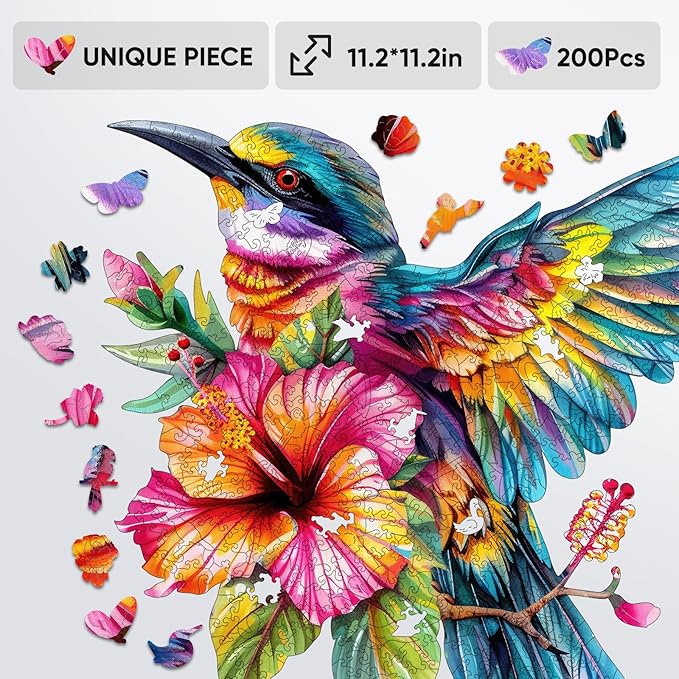 Wooden Puzzle for Adults, Hummingbird Jigsaw Puzzles 200 Piece, Unique Shapes Family Reunion Puzzle for Adults and Kids, Beautiful Package, Best Gift for Family Friends Medium 11.4x11in