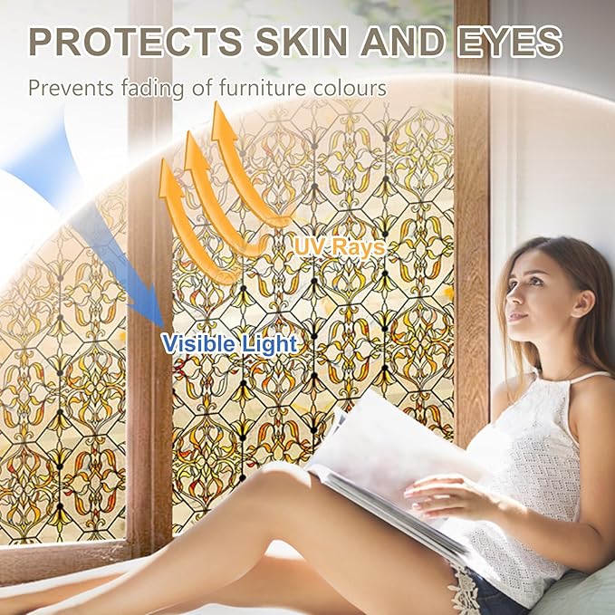 3D Stained Glass Window Privacy Film, Heat Control UV Blocking Static Cling Decorative Window Film for Bathroom,Front Door,Home Non Adhesive 35.4 x 78.7 inches Golden Filigree
