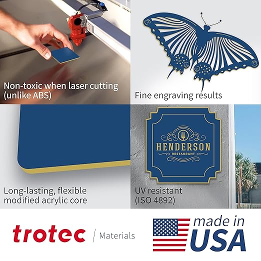 Trotec TroLase | 12"x12"x1/16", 8 Pcs | Navy Blue/Gold | 2 Ply | Modified Acrylic | Laser Engraving Double Color Plastic Sheet | Engraving Blanks for Laser, Saw, Guillotine | Made in USA
