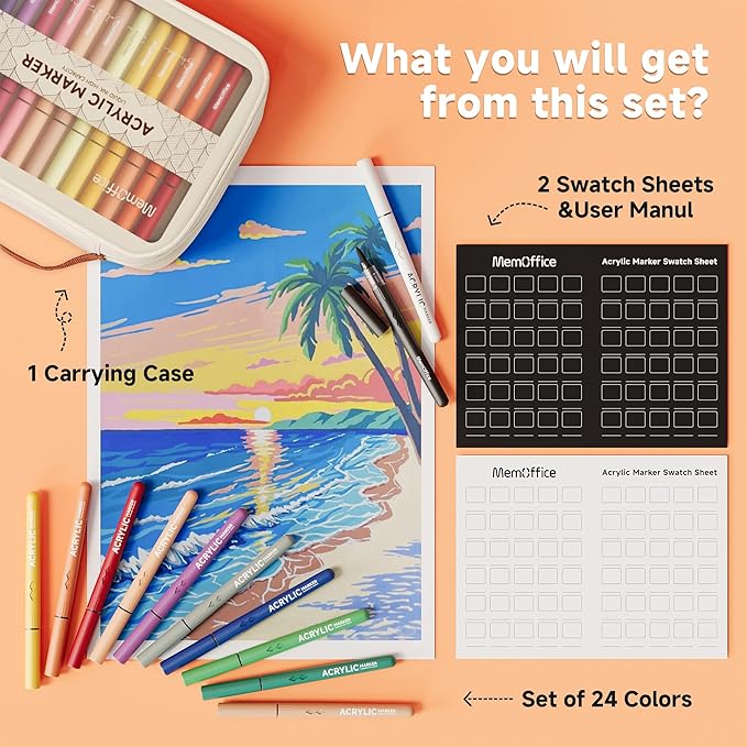 MemOffice Direct Liquid Acrylic Paint Markers, 24 Colors Brush Tip Pens with Carrying Case, No Bleed, Waterproof, for Rock, Wood, Canvas, Glass, Fabric, DIY Crafts for Adults & Kids