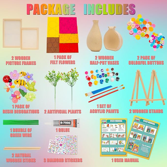 Crafts Gift for Girls, DIY 3D Felt Flowers Wooden Vase Picture Frame Painting Kit, Arts and Crafts Project for Kids Age 6 7 8 9 10 11 12 Years Old (Felt Flowers)