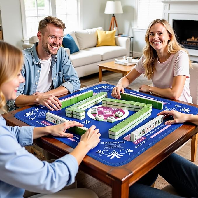 Mahjong Mat with Rules for Table with 6 Mahjong Playing Instructions,4 Mahjong Tile Mixer,4 Dice & Carrying Bag,Non-Slip and Silent Travel Mahjong Set for Mahjong/Poker/Board Games/Card Games/Dominoes